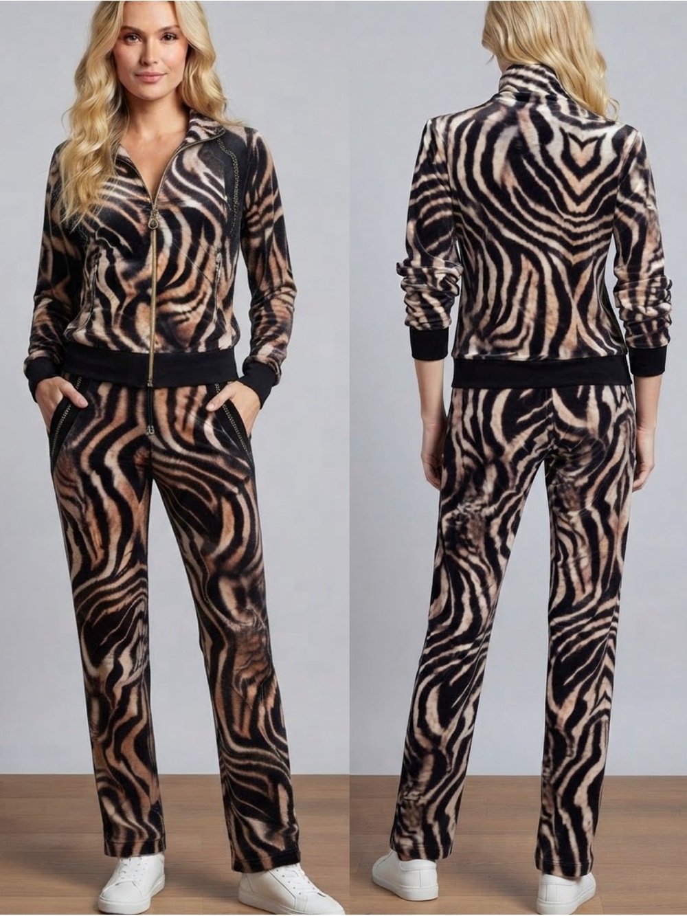 NWT WOMEN VELOUR TRACKSUIT 2PC SET JACKET/PANTS‎ ANIMAL PRINT ZIP LOUNGEWEAR